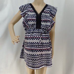 A PEA IN THE POD MULTICOLOR GEO MATERNITY RUFFLE AT SLEVEES BLOUSE TOP SIZE: S